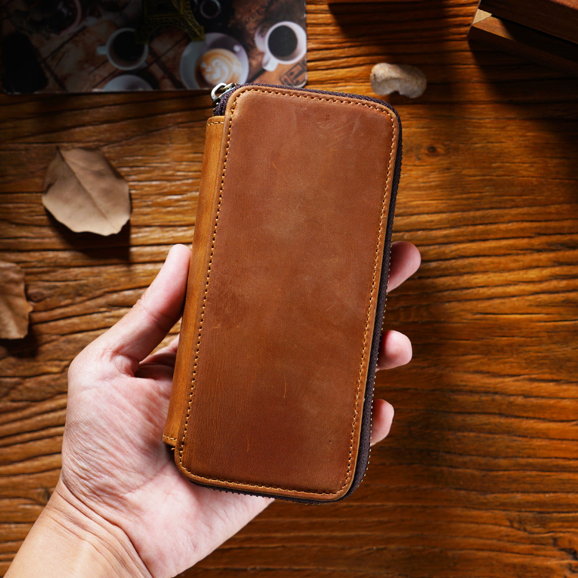 Wholesale Top Layer Cowhide Crazy Horse Leather Square Zipper Pencil Case